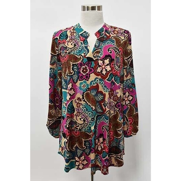 Dear Scarlett Women's Lizzy Paisley Long Sleeve V-Neck Blouse Top in Multi Color - Picture 4 of 5